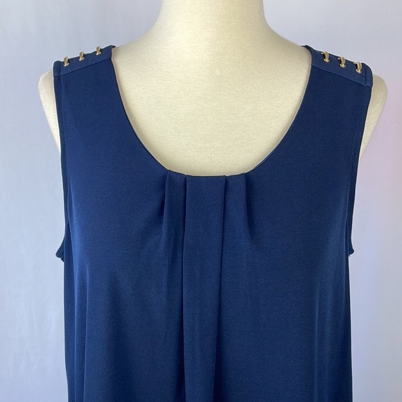 Ellen Tracy Navy Blue Pleated Sleeveless Blouse w/Gold Shoulder Hardware -Medium - Picture 2 of 13